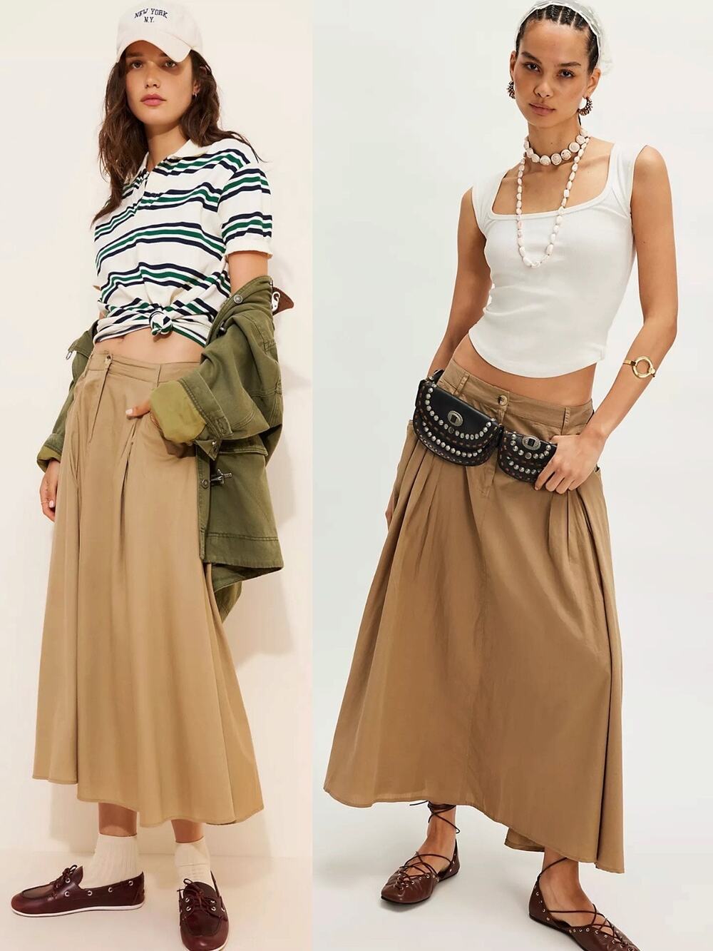 Free People All Around Midi Maxi Full Skirt Olive Tan Khaki Size Large Neutral